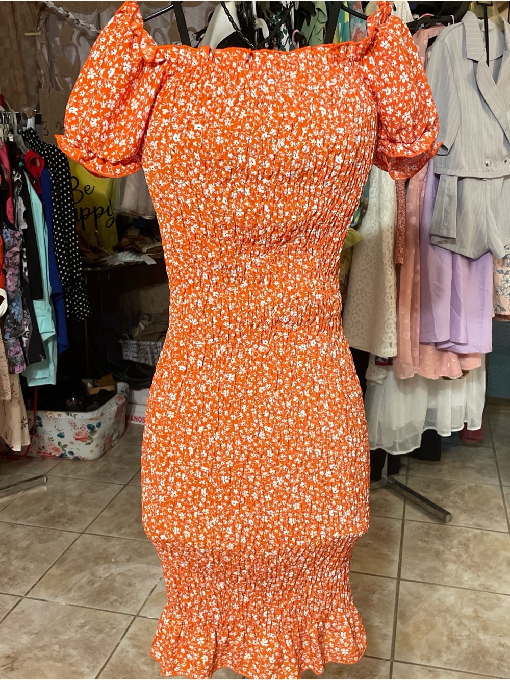 SHEIN Orange Floral Smocked Puff-Sleeve Midi Dress